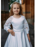 White Satin Lace Flower Girl Dress With Pearls Belt